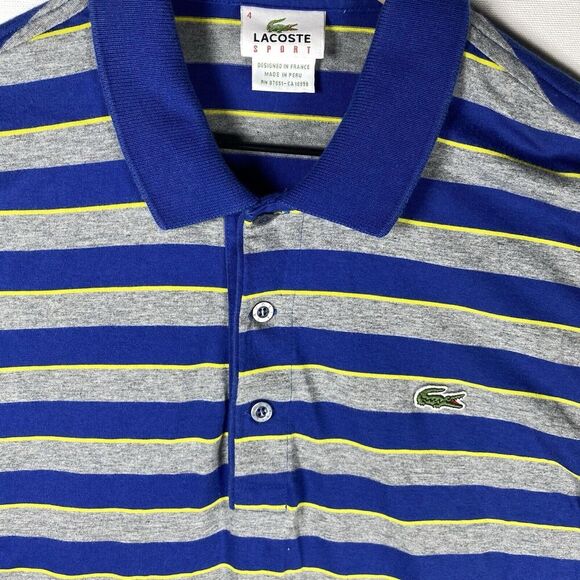 VINTAGE Lacoste Sport Polo Men Size 4 Medium Shirt Grey Blue Striped Classic Fit - Picture 2 of 7